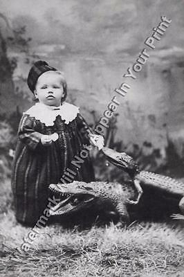 A101 FREAKY BIZARRE STRANGE ODD Baby Feeding Alligators VINTAGE PHOTO WEIRD Pic