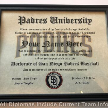 San Diego Padres #1 Fan Certificate Man Cave Diploma Perfect Gift