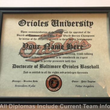 Baltimore Orioles #1 Fan Certificate Man Cave Diploma Perfect Gift