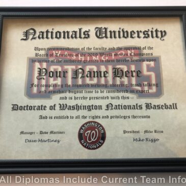 Washington Nationals #1 Fan Certificate Man Cave Diploma Perfect Gift