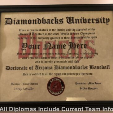Arizona Diamondbacks #1 Fan Certificate Man Cave Diploma Perfect Gift