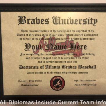 Atlanta Braves #1 Fan Certificate Man Cave Diploma Perfect Gift