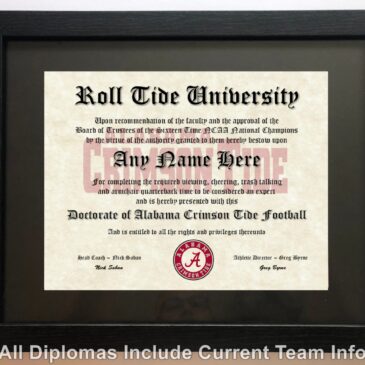 Alabama Crimson Tide #1 Fan Custom Diploma Certificate for Man Cave NCAA Novelty