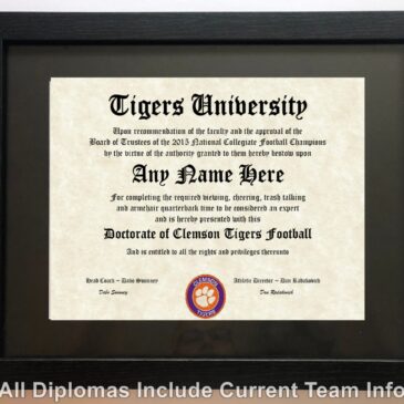 Clemson Tigers Fan Diploma Certificate for Man Cave NCAA Football Novelty Gift