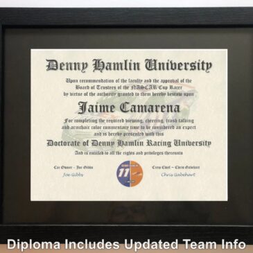Denny Hamlin NASCAR #1 Fan Certificate Man Cave Diploma Perfect Gift