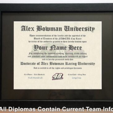Alex Bowman NASCAR #1 Fan Certificate Man Cave Diploma Perfect Gift
