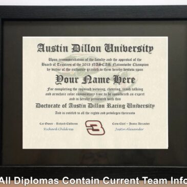 Austin Dillon NASCAR #1 Fan Certificate Man Cave Diploma Perfect Gift